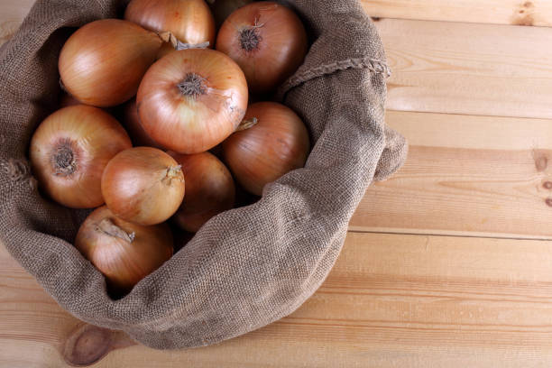 fresh onion in a reusable shopping bag ,