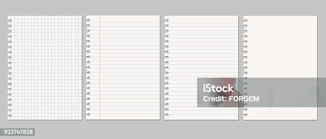 istock Set of vector realistic illustrations of a torn sheet of paper from a workbook with shadow, isolated on a gray background 922747828