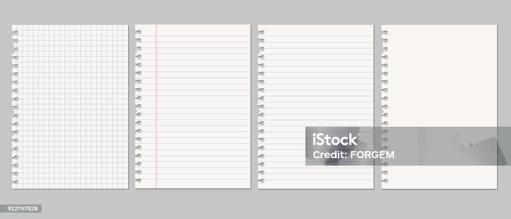 Set of vector realistic illustrations of a torn sheet of paper from a workbook with shadow, isolated on a gray background Note Pad stock vector