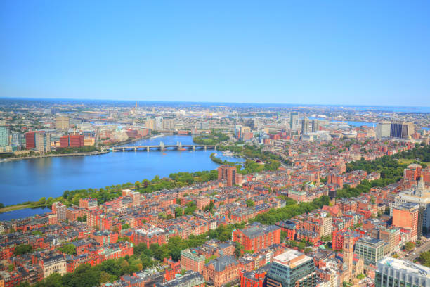 boston panoramic view from prudential tower observation deck - boston skyline charles river river imagens e fotografias de stock