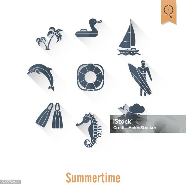 Summer And Beach Simple Flat Icons Stock Illustration - Download Image Now - Anchor - Vessel Part, Animal Shell, Beach