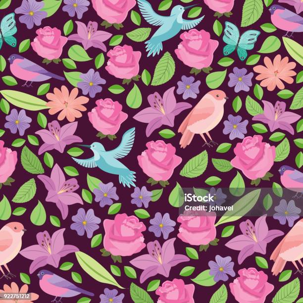 Cute Rose Daisy Lily Birds Leaves Natural Decoration Background Stock Illustration - Download Image Now