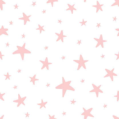 Light seamless pattern decorated pink stars on white. Vector illustration for xmas wallpaper, wrap, fabric, textile, cloth or package design. Baby shower background, birthday or invitation template
