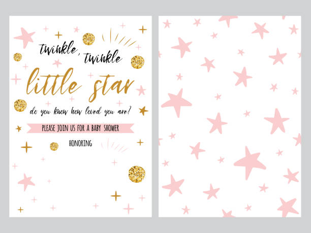 Baby shower invitation template, backgtround with pink stars design, vector set Baby Shower Invitation Template with sparkle gold balls, pink stars, background. Gentle twinkle banner for children birthday party, congratulation, invitation. Vector illustration logo, sign label set 1814 stock illustrations