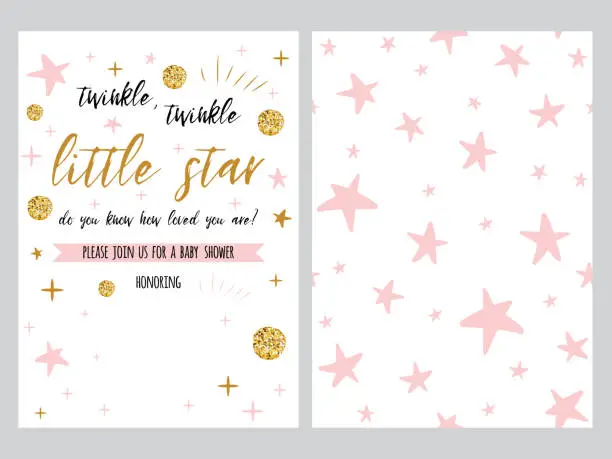 Vector illustration of Baby shower invitation template, backgtround with pink stars design, vector set
