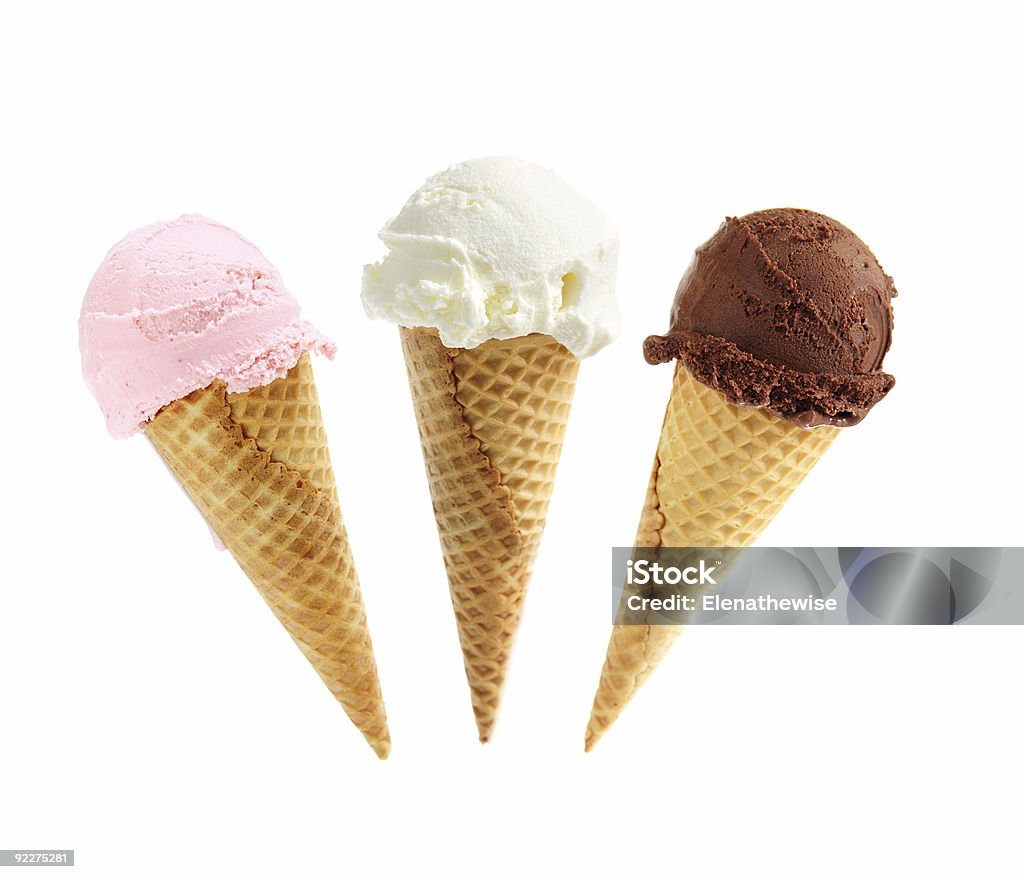 Assorted flavors of ice cream in sugar cones Assorted ice cream in sugar cones isolated on white background Ice Cream Cone Stock Photo