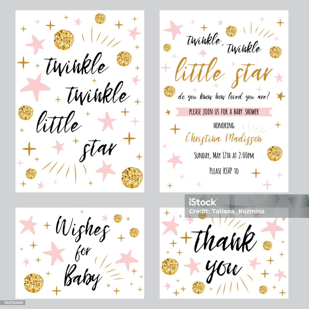 Baby shower girl templates Twinkle twinkle little star text with gold polka dot pink star invtation thank you card Twinkle twinkle little star text with cute gold, pink colors for girl baby shower card template Vector illustration set Banner for children birthday design, invitation, thank you card, wishes for baby Glittering stock vector