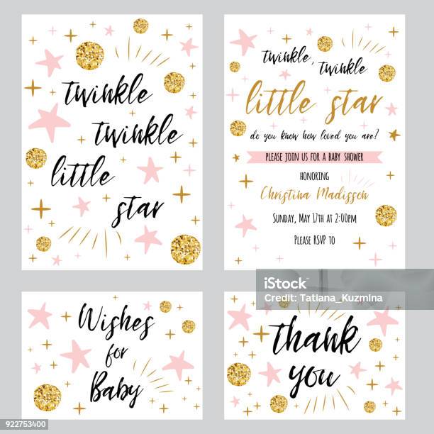 Baby Shower Girl Templates Twinkle Twinkle Little Star Text With Gold Polka Dot Pink Star Invtation Thank You Card Stock Illustration - Download Image Now