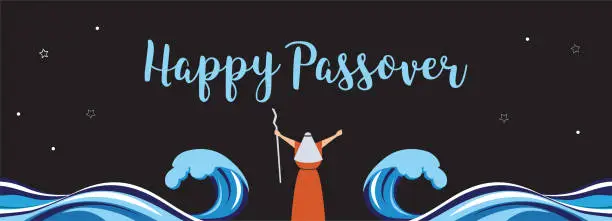 Vector illustration of Moses separate sea for passover holiday over nigt background, flat design vector