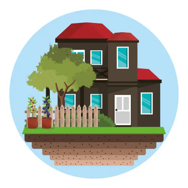 Vector illustration of house with fence tree garden