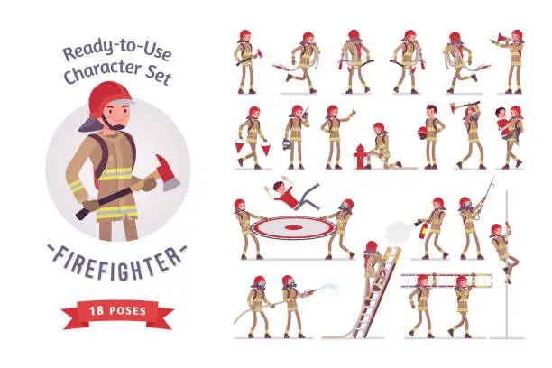 Vector illustration of Male firefighter ready-to-use character set