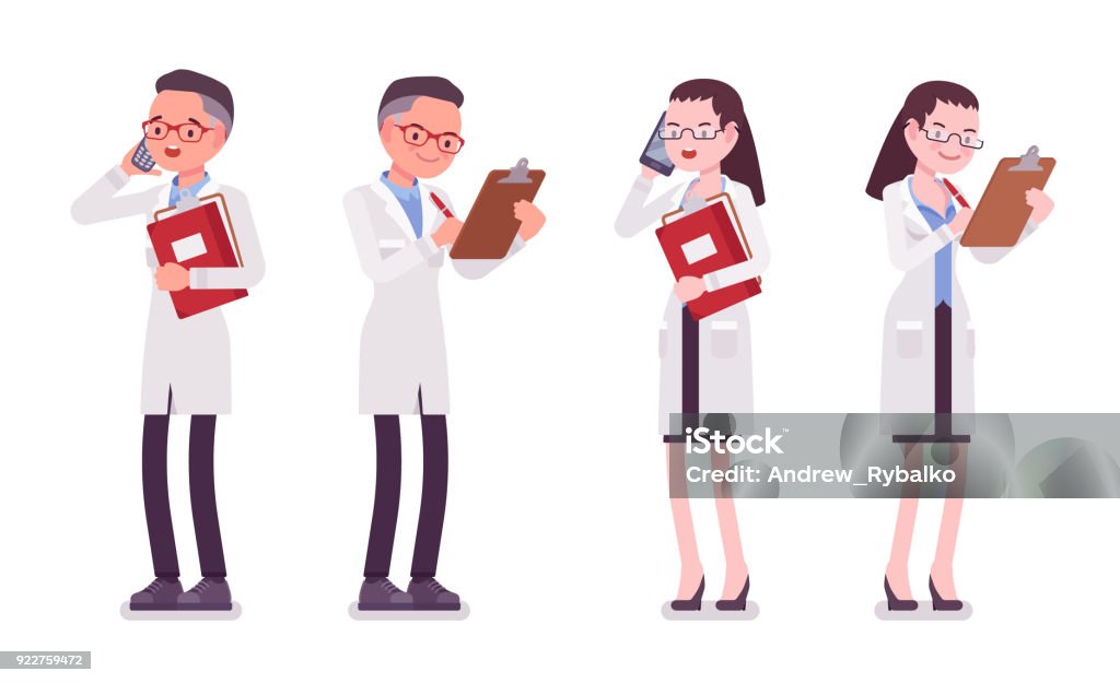 Male and female scientist standing with paper and phone Male and female scientist standing. Expert of physical or natural laboratory in white coat. Science and technology. Vector flat style cartoon illustration isolated, white background, front, rear view Adult stock vector