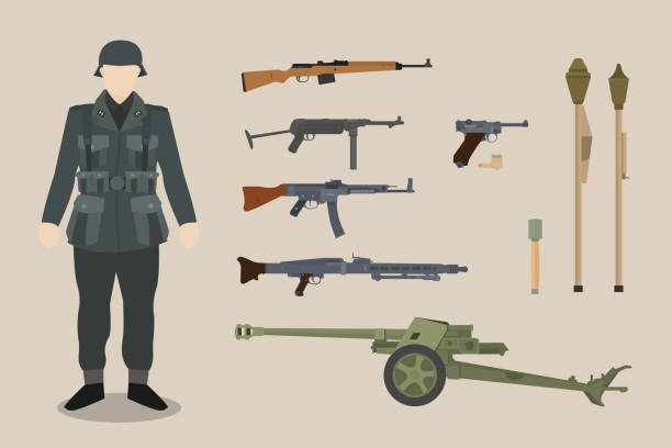 ilustraciones, imágenes clip art, dibujos animados e iconos de stock de ww2 equipo de pistola de soldado con bazooka ametralladora pistolas ilustración gráfica del vector de artillería - gun turret