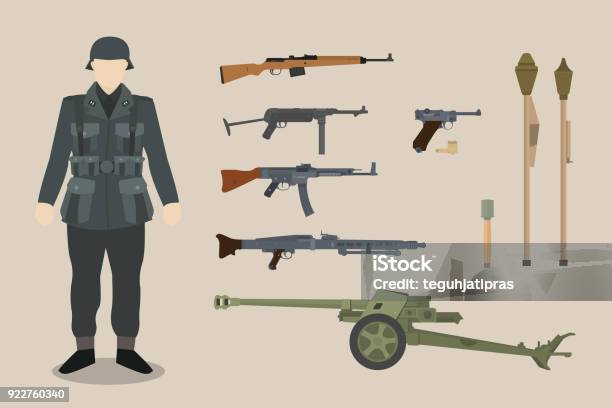 Ww2 Soldier Gun Equipment With Bazooka Machine Gun Pistols Artillery Vector Graphic Illustration Stock Illustration - Download Image Now