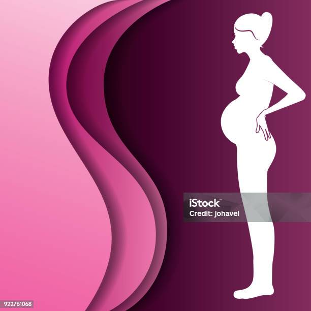 White Silhouette Woman Pregnant Pink Wave Background Stock Illustration - Download Image Now