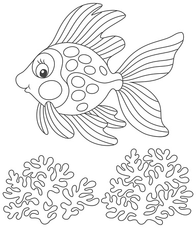 Tropical goldfish friendly smiling and swimming over corals, a black and white vector illustration in a funny cartoon style for a coloring book