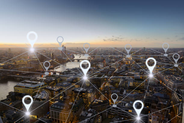 sieć nawigacji gps nowoczesna technologia przyszłości miasta - global positioning system zdjęcia i obrazy z banku zdjęć