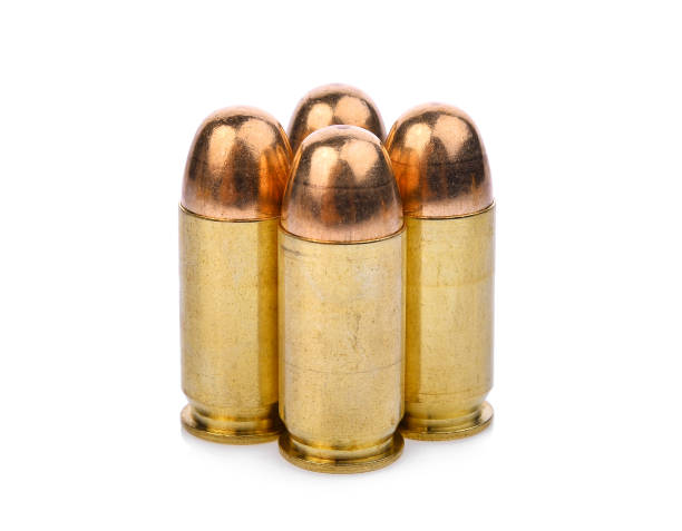 cartridges of .45 acp pistols ammo, full metal jacket .45 bullet - full metal jacket imagens e fotografias de stock