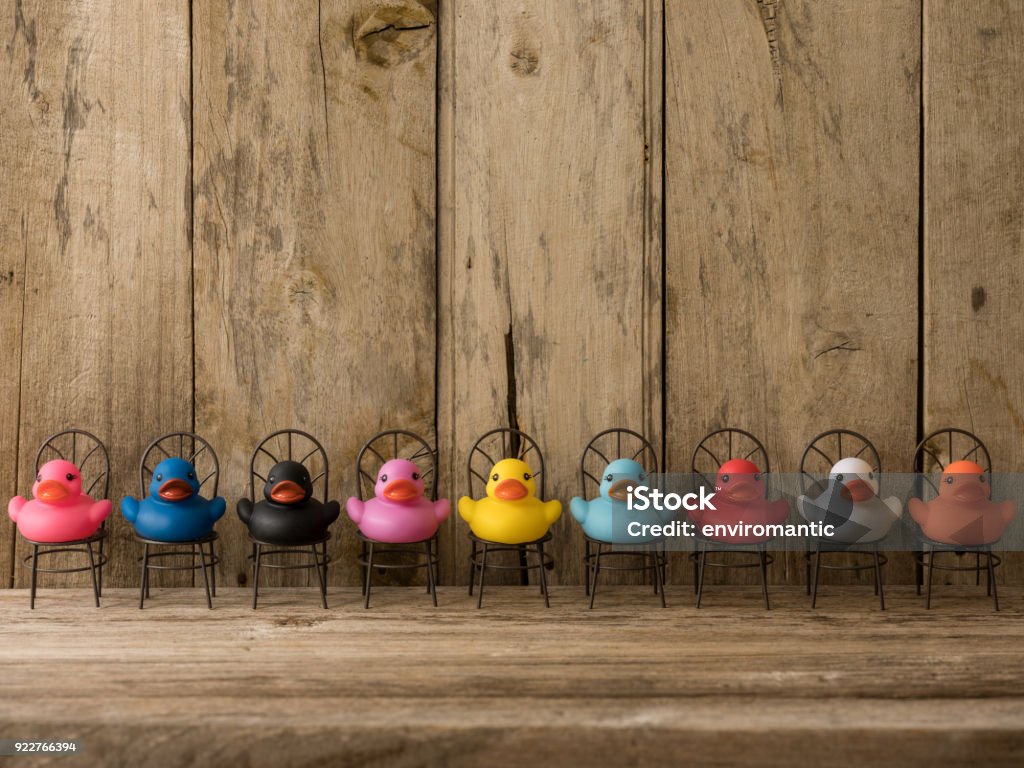 Linha de muitos diferentes de patos de borracha coloridas sentados nas cadeiras virados para a câmara, cena montada na frente de painéis de madeira velha. - Foto de stock de Variação royalty-free