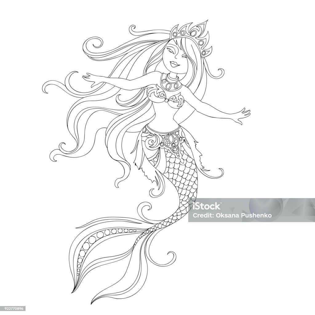 cartoon princess mermaid vector silhouette of mermaid painted line for coloring book, character of beautiful cartoon princess mermaid one line on white background Black Color stock vector