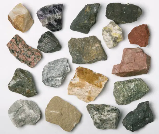 Minerals collection set. Iron ore, bauxite, sandstone, apatite, quartz,   phosphorite, magnesite, gypsum, agate, asbestos, marble, corundum  and other minerals.