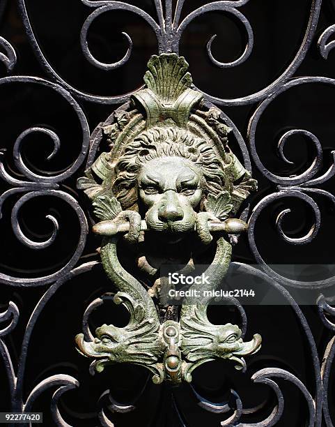 Lion Door Knocker Stock Photo - Download Image Now - Black Color, Bronze Colored, Building Entrance