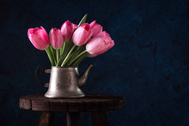 Fresh pink tulip flowers bouquet . View with copy space Spring holiday concept