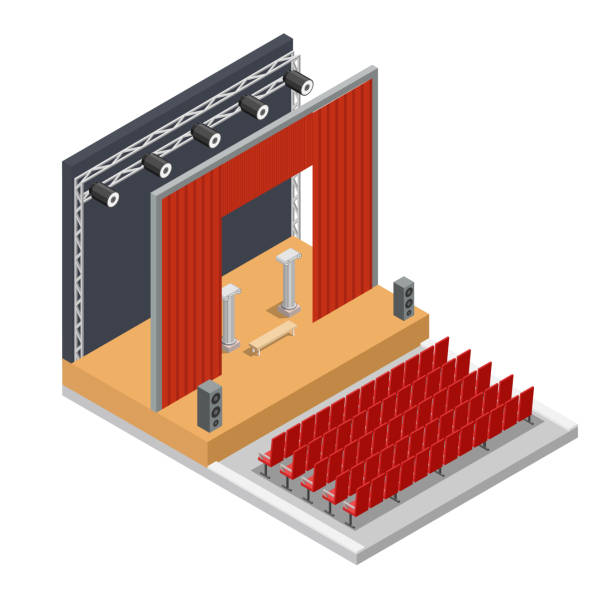 illustrazioni stock, clip art, cartoni animati e icone di tendenza di sfondo del palcoscenico interno del teatro isometrico vettoriale. - stage theater theatrical performance curtain seat