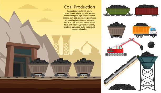 угольная промышленность и транспорт устанавливают инфографические элементы изолированного векторного строительства техники - earth mover working field dirt stock illustrations
