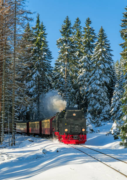 historischen dampfzug voller laufgeschwindigkeit brocken berg in harzregion - locomotive steam train train snow stock-fotos und bilder