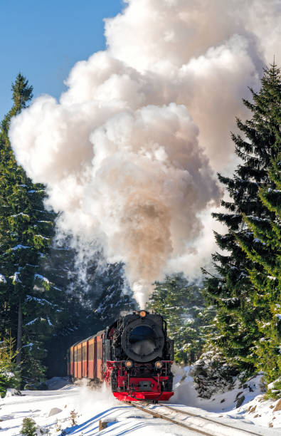 histórico tren de vapor que a toda velocidad montaña brocken en la región de harz - locomotive steam train train snow fotografías e imágenes de stock