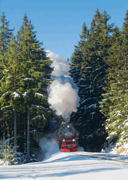 historischen dampfzug voller laufgeschwindigkeit brocken berg in harzregion - locomotive steam train train snow stock-fotos und bilder