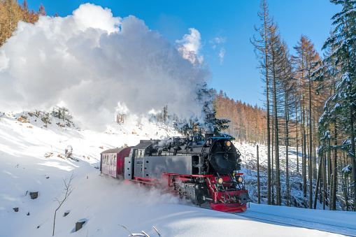 Historical steam train running full speed to Brocken Mountain in Harz region