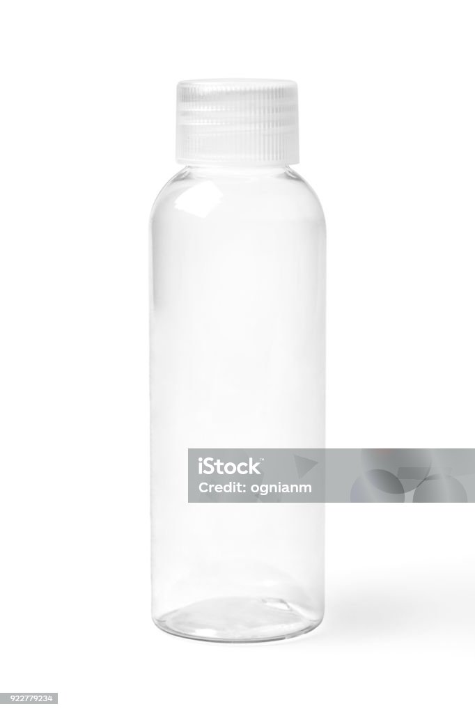 Closed Empty Transparent Plastic Bottle Closed empty colorless transparent plastic bottle for cosmetic products. Transparent Stock Photo