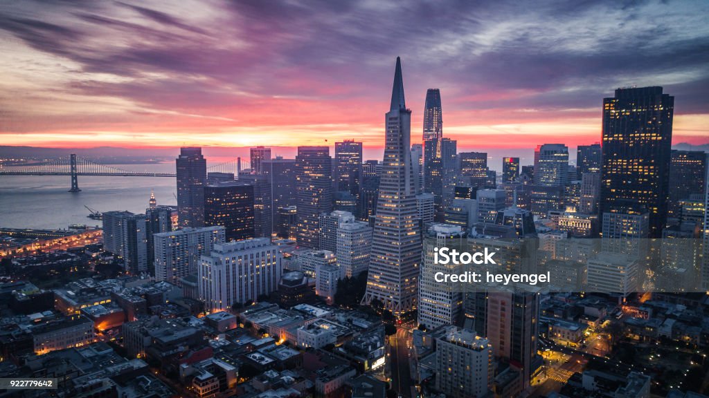 San Francisco Skyline at Sunrise San Francisco Skyline with Dramatic Clouds at Sunrise, California, USA San Francisco - California Stock Photo