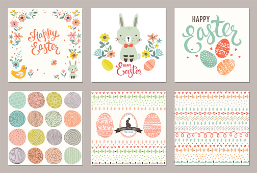 Cute Happy Easter templates with eggs, flowers, rabbit, seamless pattern and typographic design. Vector illustration.