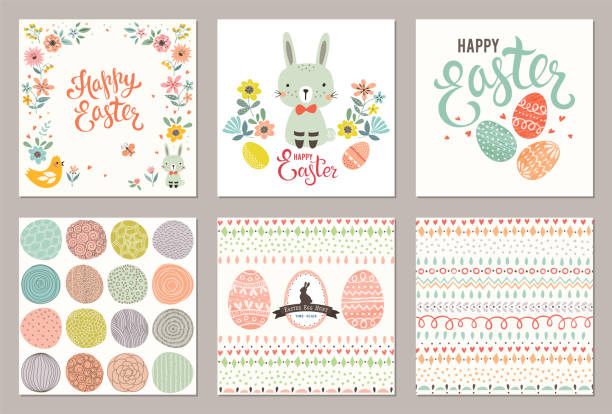 Easter Party Cards_03 Cute Happy Easter templates with eggs, flowers, rabbit, seamless pattern and typographic design. Vector illustration. easter patterns stock illustrations