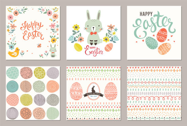 Easter Party Cards_03 Cute Happy Easter templates with eggs, flowers, rabbit, seamless pattern and typographic design. Vector illustration. light blue vintage wallpaper pattern stock illustrations