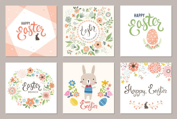 пасхальная вечеринка cards_02 - floral pattern butterfly easter easter egg stock illustrations