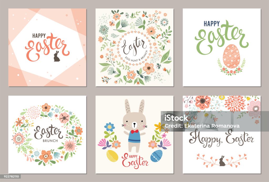Easter Party Cards_02 Cute Happy Easter templates with eggs, flowers, floral wreath, rabbit and typographic design. Vector illustration. Easter stock vector