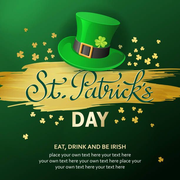Celebrate St. Patrick's Day with Leprechaun hat and clover leaves on the green colored background