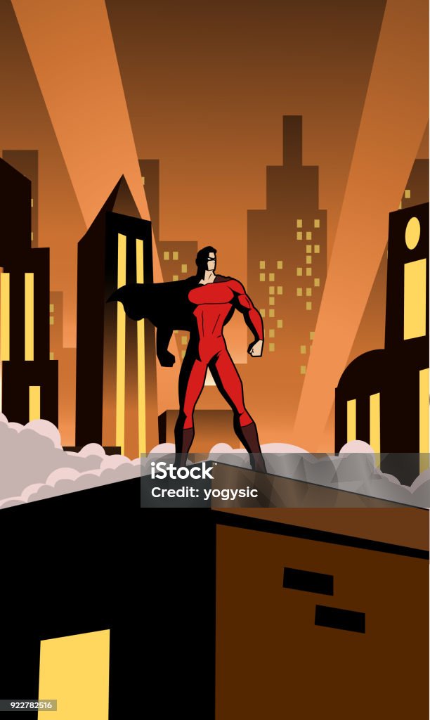 Vector Retro Style Superhero in The city Illustration A vector retro style illustration of a superhero on top of a roof in an art deco city setting. Comic Book stock vector