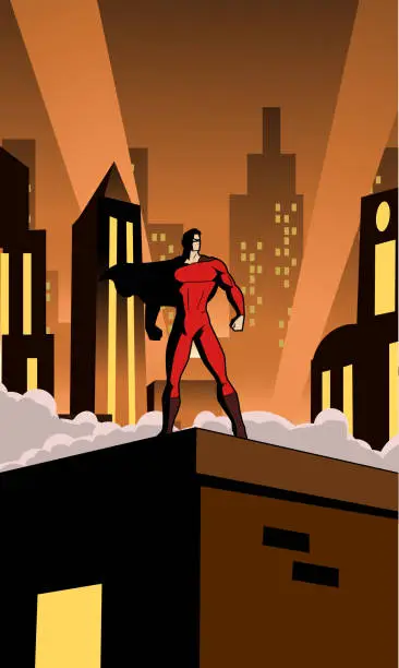 Vector illustration of Vector Retro Style Superhero in The city Illustration