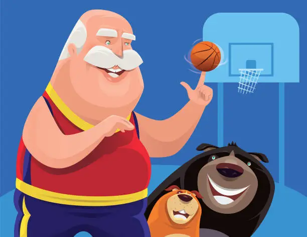 Vector illustration of senior man spinning basketball with dogs