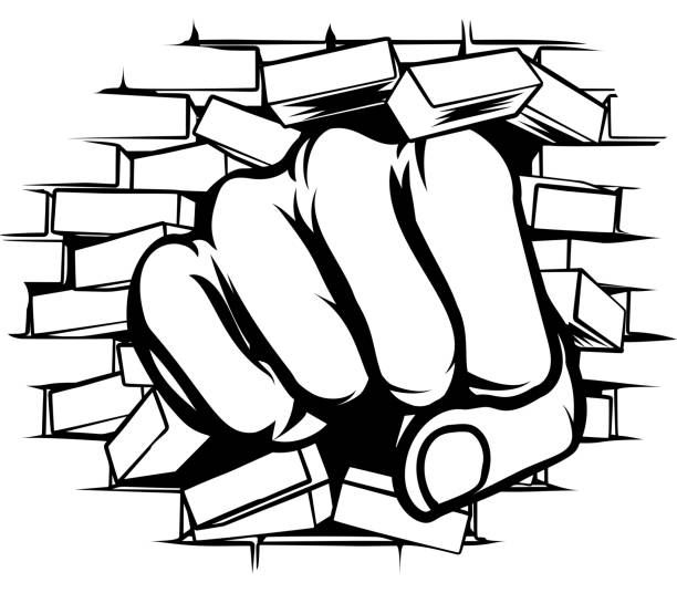 Punching Fist Through Brick Wall A pop art cartoon fist hand punching a through a brick wall punch stock illustrations