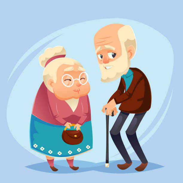 ilustraciones, imágenes clip art, dibujos animados e iconos de stock de altos dama y caballero con pelo plateado viejo feliz pareja de ancianos de edad. abuelo abuelos, abuela estilo plano familiar mayores vectores de dibujos animados ilustración eps10 - senior couple isolated white background standing