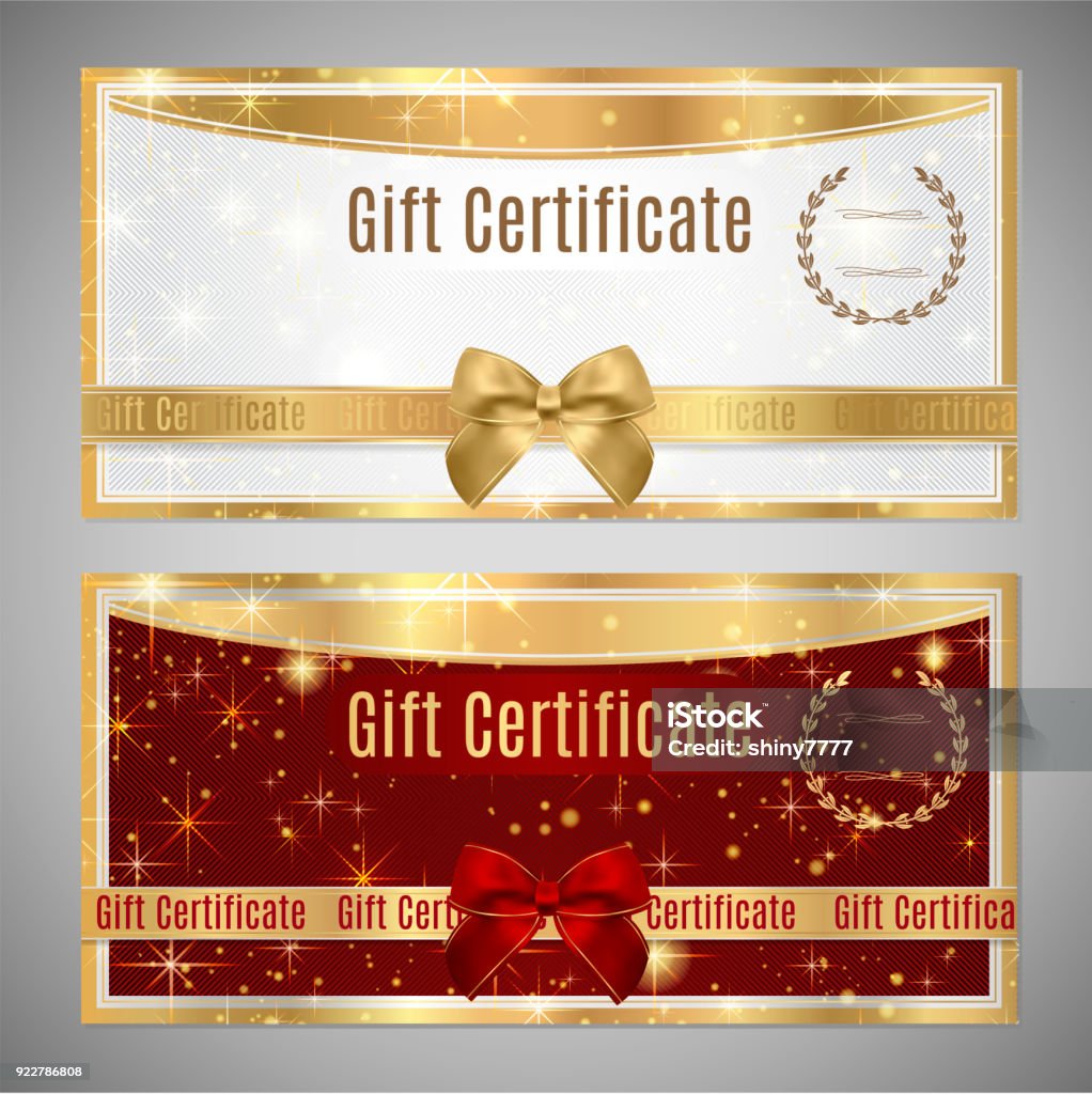 Voucher, Gift certificate, Coupon template. White and red background design with red bow (ribbon) for ticket, money design, check (cheque) Gift Certificate or Card stock vector