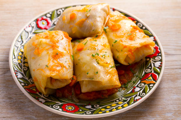 istock Stuffed cabbage leaves with meat. Cabbage rolls with meat, rice and vegetables. Dolma, sarma, sarmale, golubtsy or golabki 922789332