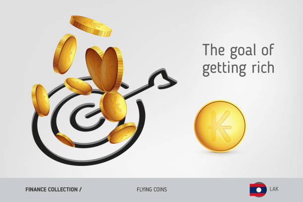 Target icon with flying Lao Kip coins, finance concept. Vector illustration for print, websites, web design, mobile app, infographics. Flying Coins best gold and silver ira companies stock illustrations