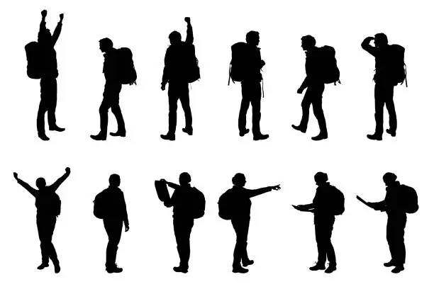 Vector illustration of Set vector realistic silhouettes tourists - man and woman, with backpacks